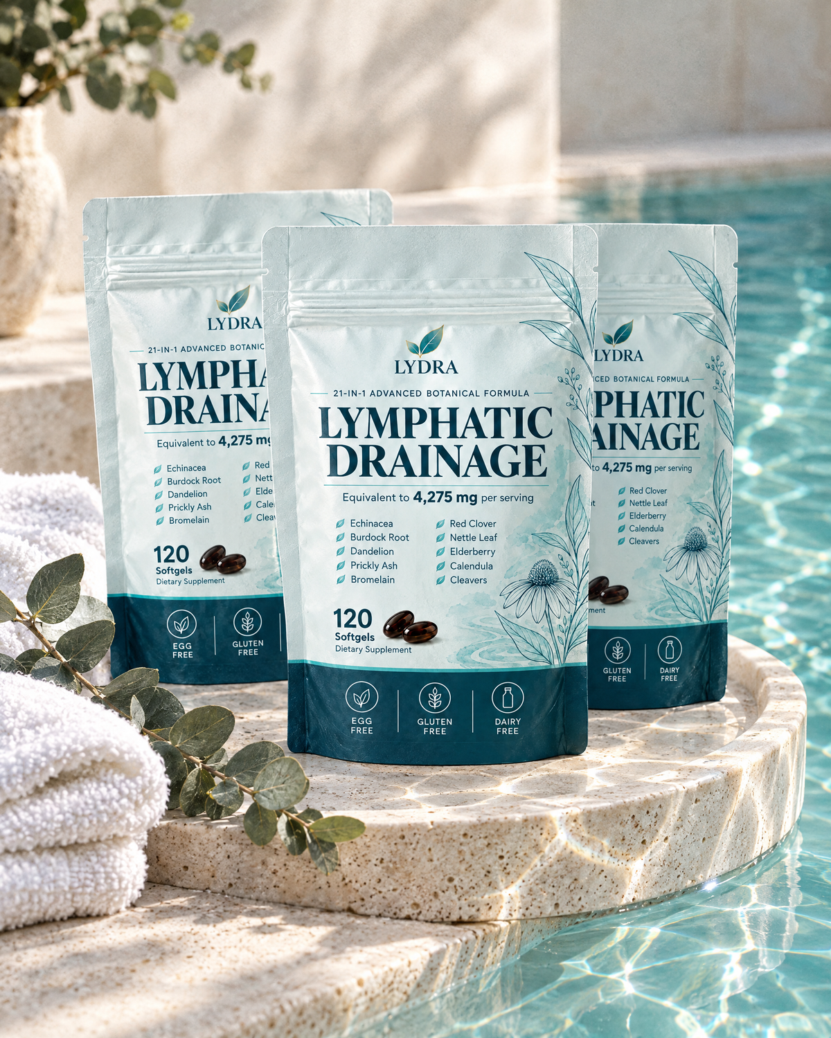 LYDRA Lymphatic Drainage pouches on a travertine tray
