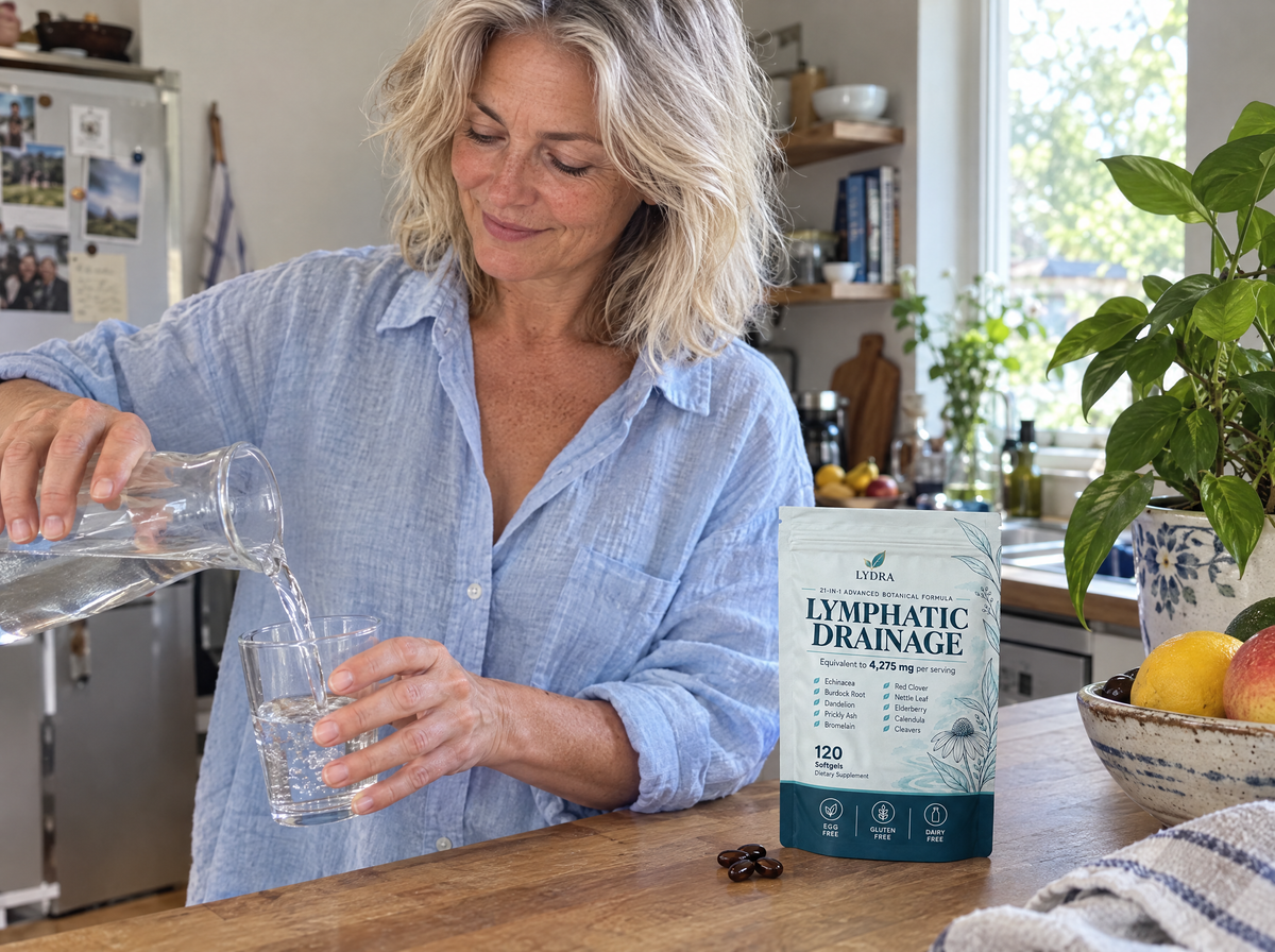 Woman pouring a glass of water next to her LYDRA pouch in the kitchen