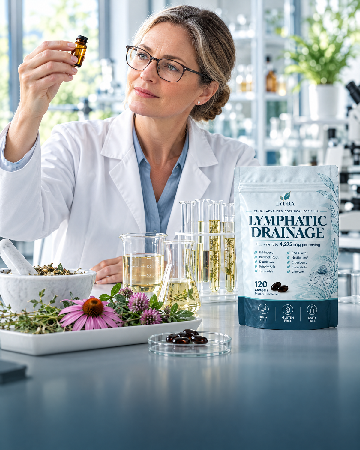 LYDRA botanical formula being examined in a research lab
